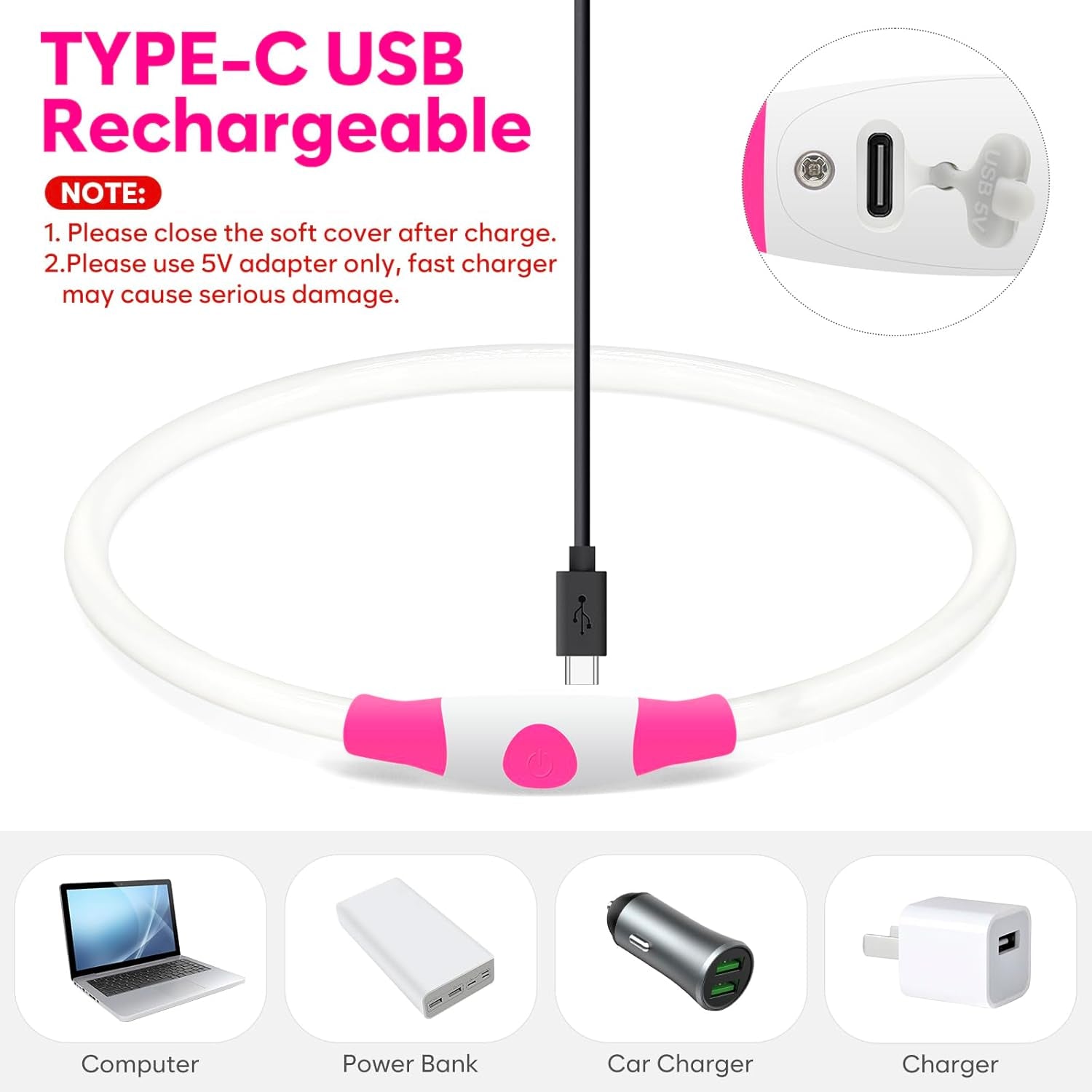 LED Dog Collar, USB Rechargeable Light up Dog Collars, TPU Cuttable Light Dog Necklace Glow in the Dark (Pink)
